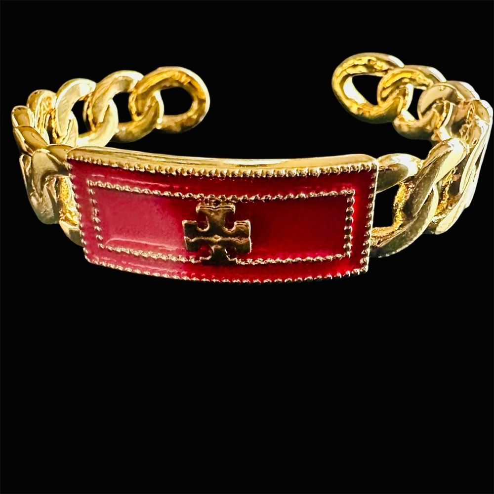 NWT Auth. Tory Burch Milgrain Logo Red & Gold Chain Link Cuff Bangle with Tag